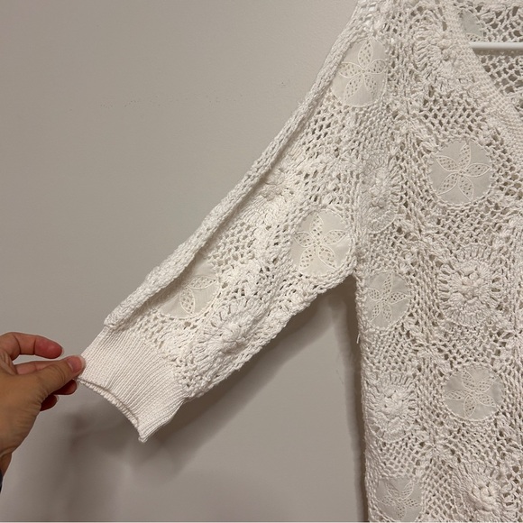 Crochet V-Neck Sweater women’s size Lrg  sand Dollar Cotton open Knit 3/4 Sleeve - Picture 4 of 9